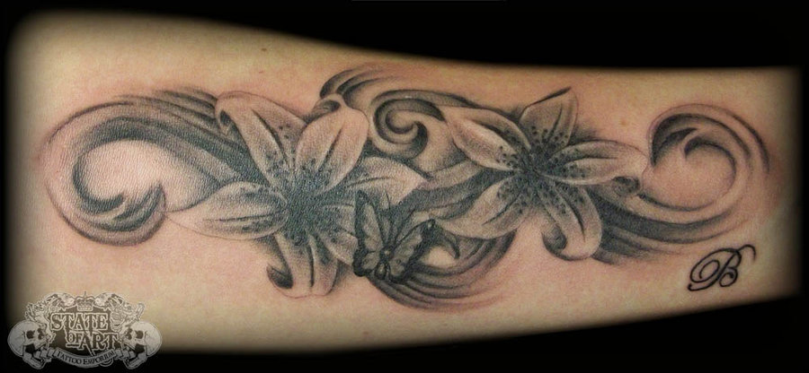 Black Ink Lily Flowers With Butterfly Tattoo On Arm