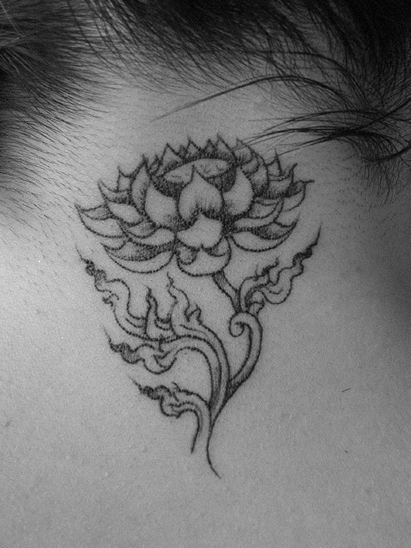 Black Ink Lotus Flower Tattoo Design For Back Neck