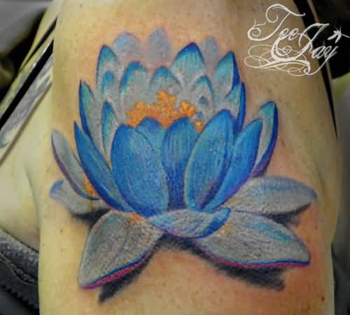 Black Ink Lotus Flower Tattoo Design For Upper Arm