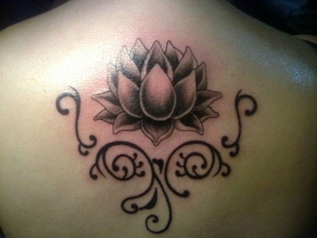 Black Ink Lotus Flower Tattoo Design For Upper Back By Freevil
