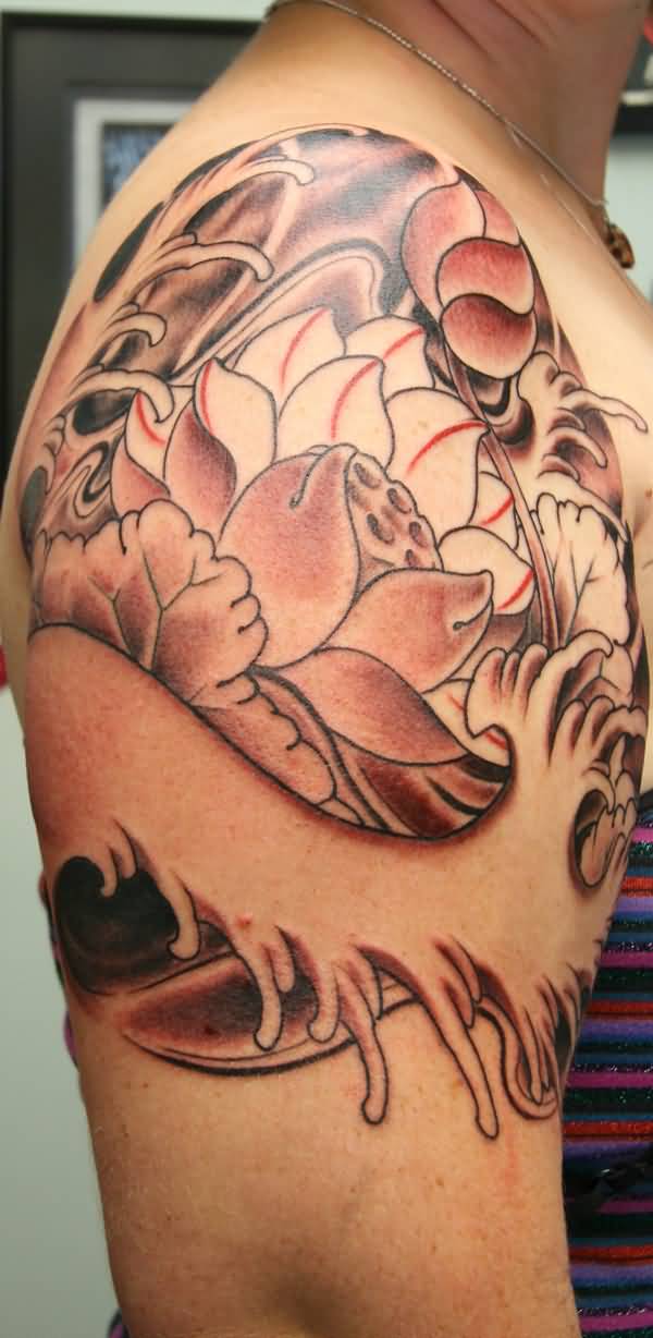 Black Ink Lotus Flower Tattoo On Right Shoulder