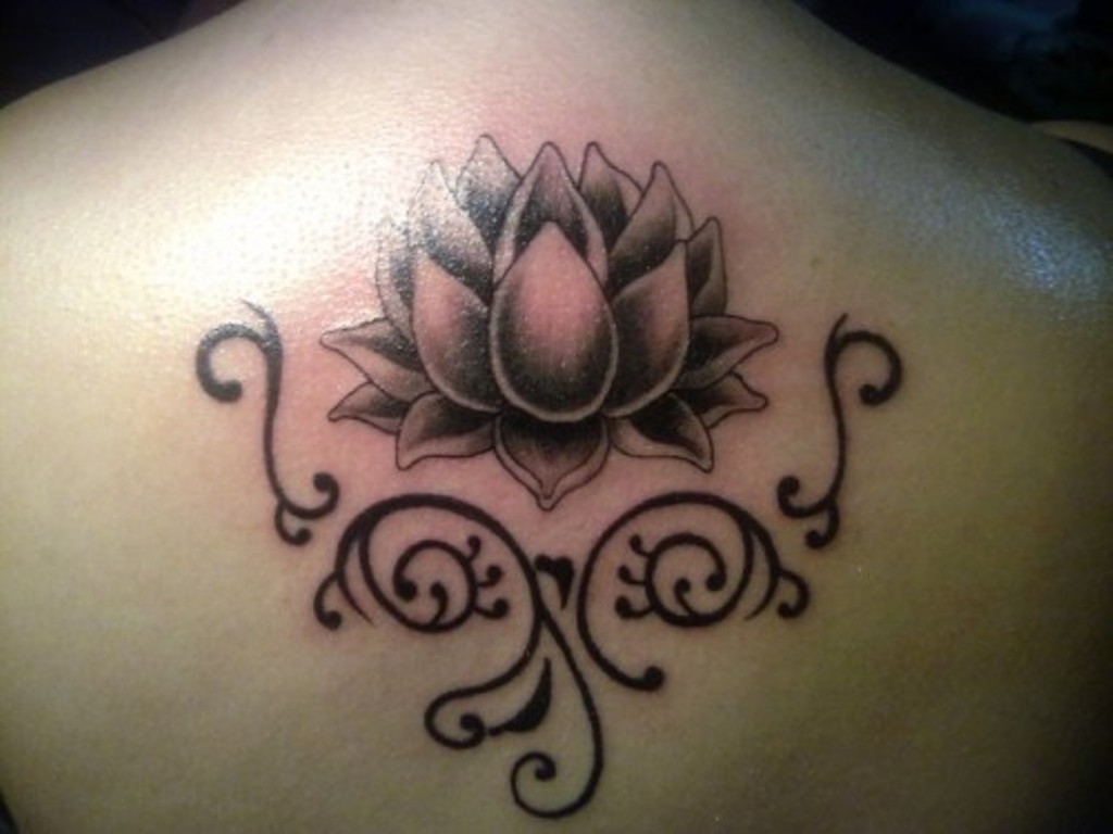 Black Ink Lotus Flower Tattoo On Upper Back
