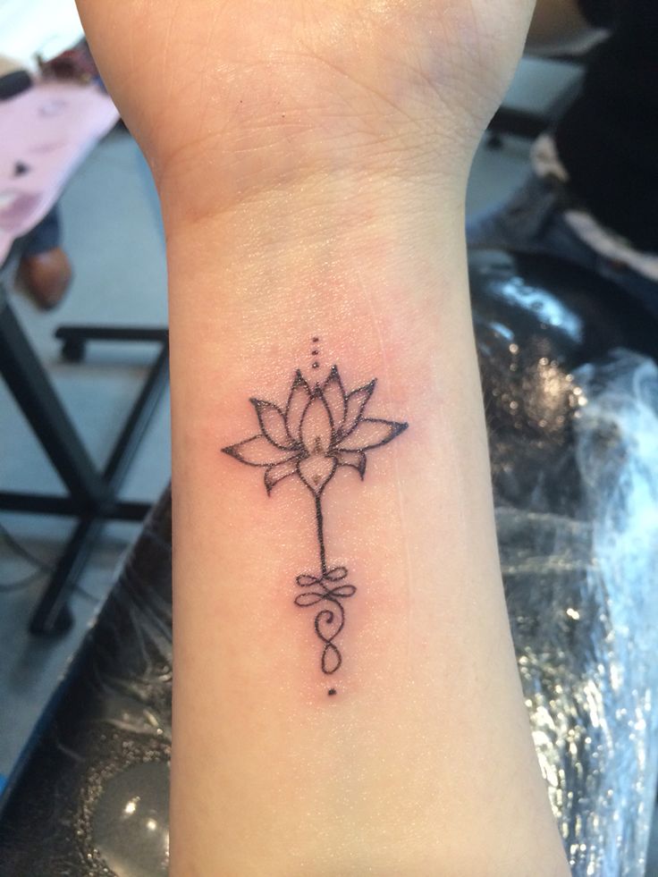 Black Ink Lotus Flower Tattoo On Wrist