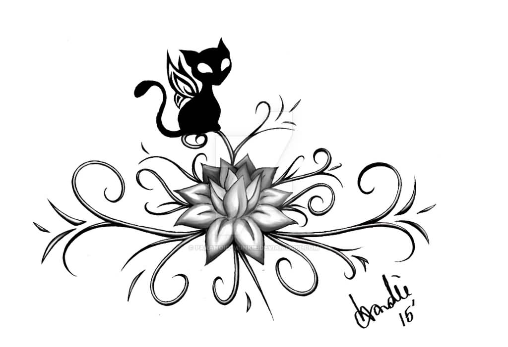 Black Ink Lotus Flower With Cat Tattoo Design By Paranoid Munkie