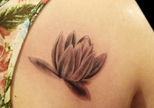 Black Ink Lotus Flowers Tattoo Design For Female Shoulder