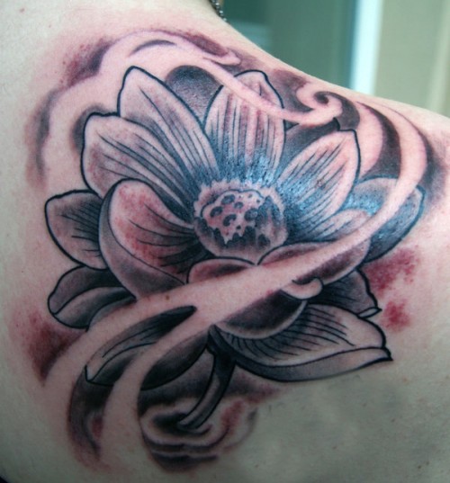 Black Ink Lotus Flowers Tattoo On Right Back Shoulder