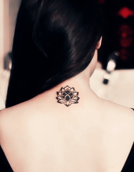 Black Ink Lotus Tattoo On Girl Back Neck