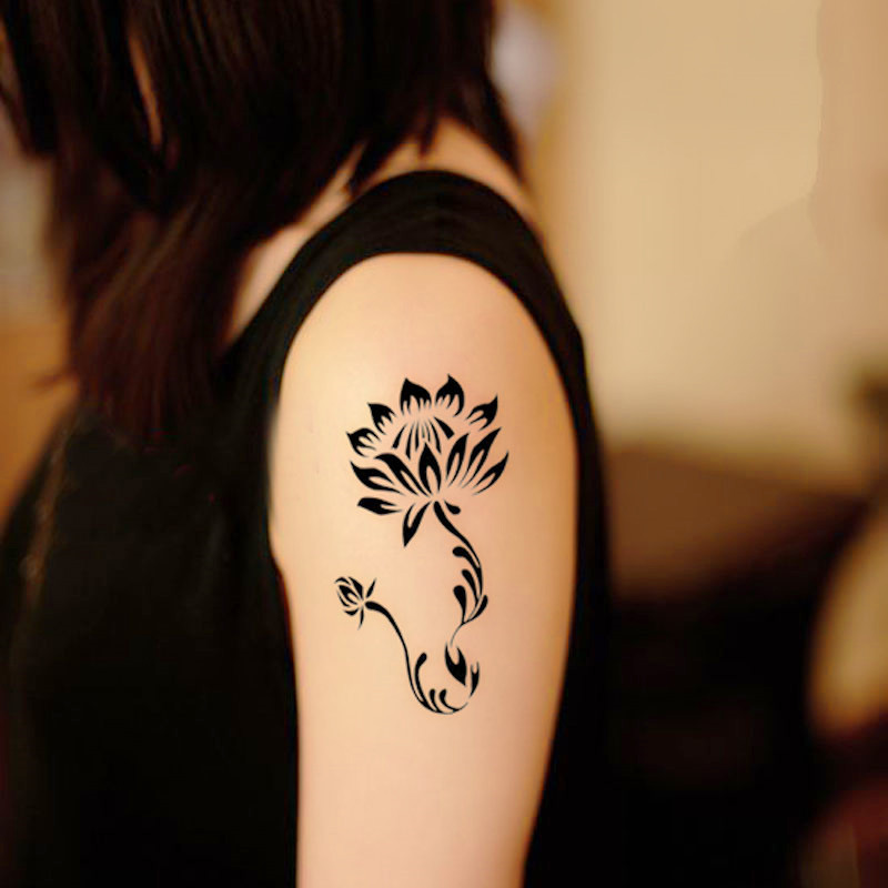Black Ink Lotus Tattoo On Girl Left Half Sleeve