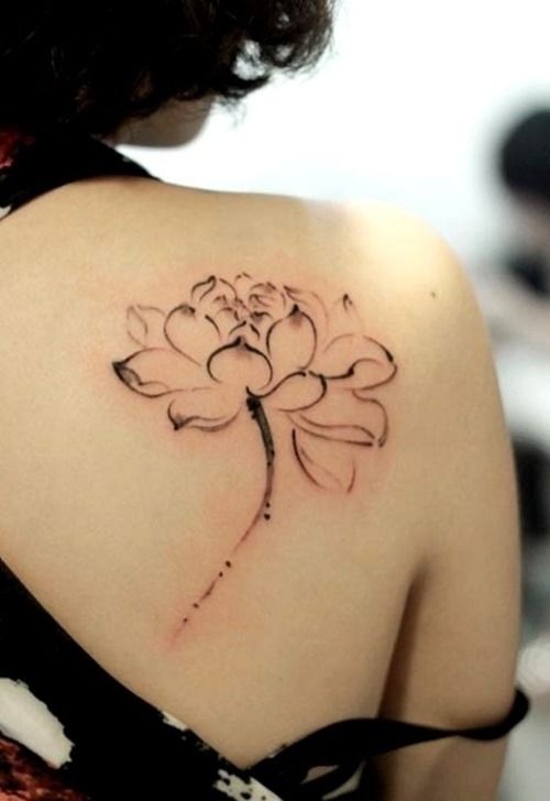 Black Ink Lotus Tattoo On Girl Right Back Shoulder