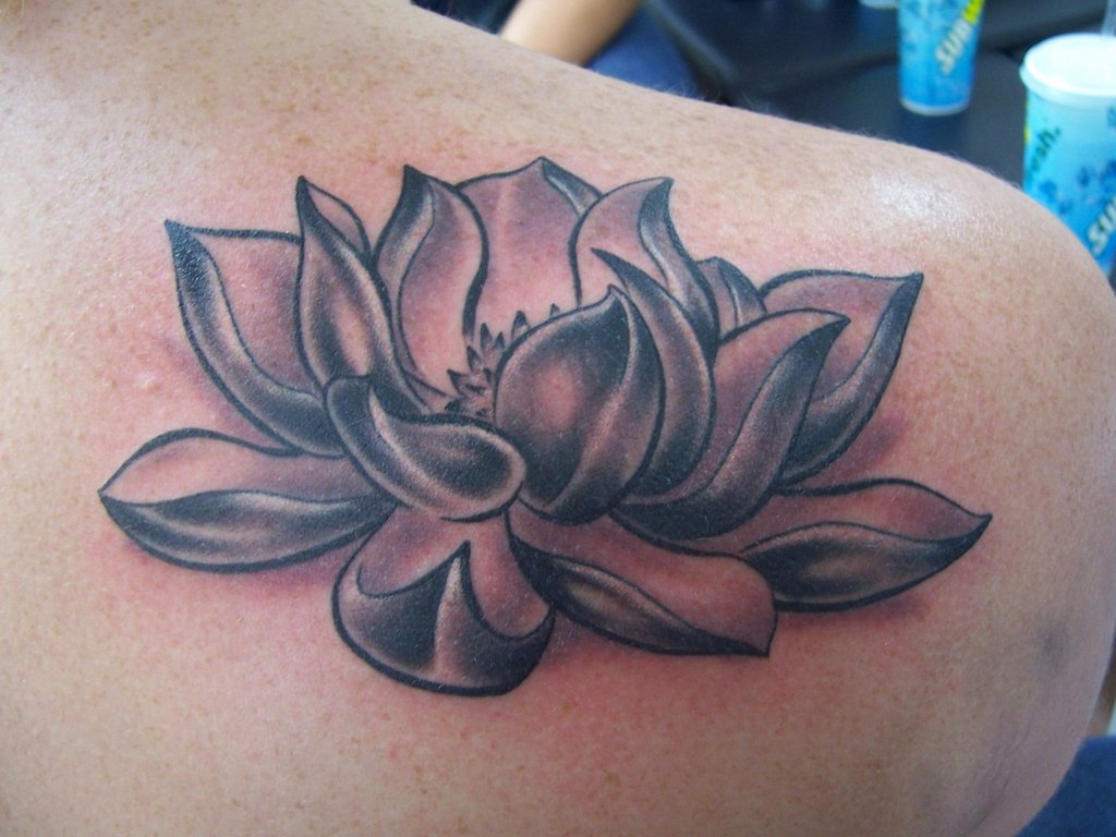 Black Ink Lotus Tattoo On Right Back Shoulder