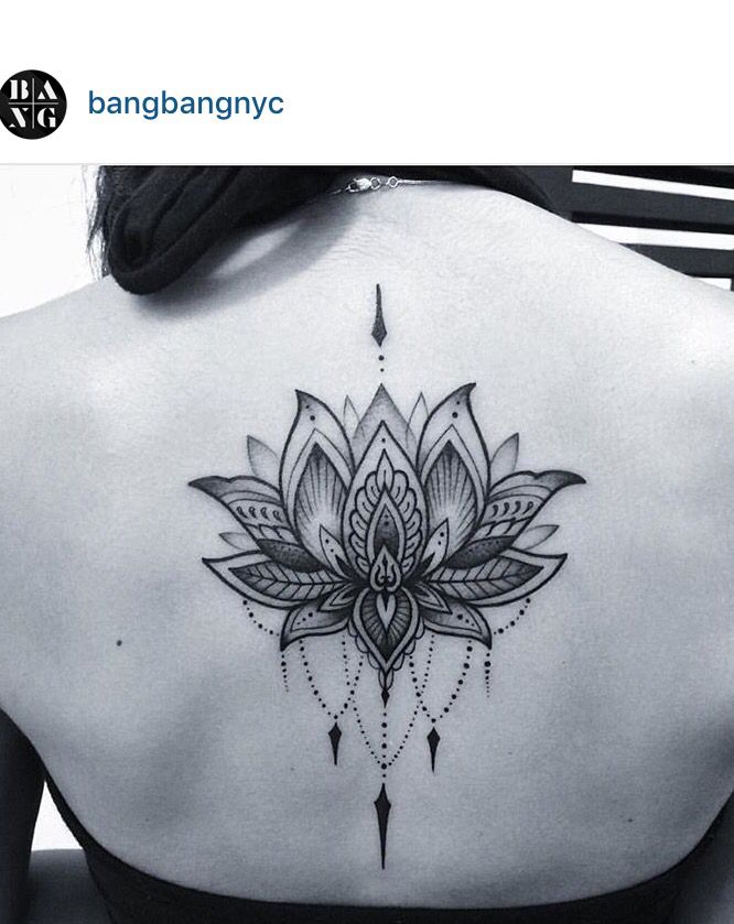 Black Ink Mandala Lotus Flower Tattoo On Girl Upper Back
