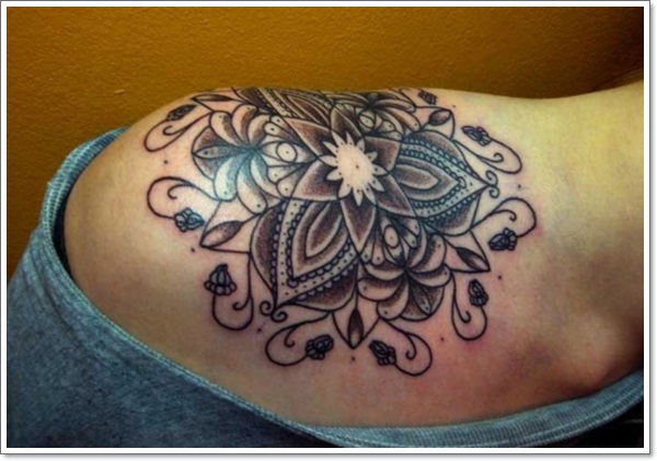 Black Ink Mandala Lotus Flower Tattoo On Right Shoulder