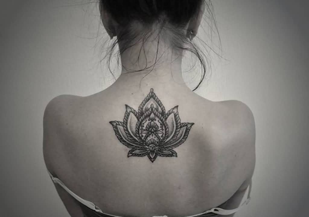 Black Ink Mandala Lotus Tattoo On Girl Upper Back