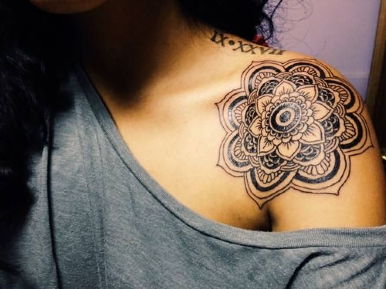 Black Ink Mandala Lotus Tattoo On Left Front Shoulder