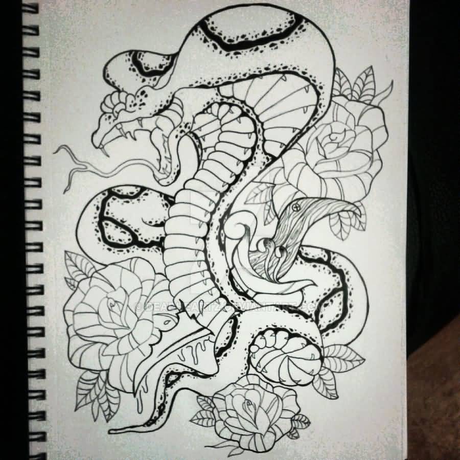 Black Ink Neo Traditional Cobra Snake With Flowers Tattoo Design
