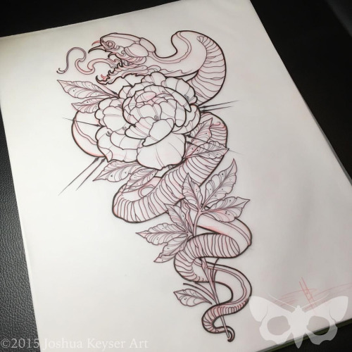 Black Ink Neo Traditional Snake With Rose Tattoo Design