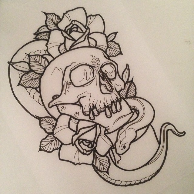 Black Ink Neo Traditional Snake With Skull And Roses Tattoo Design