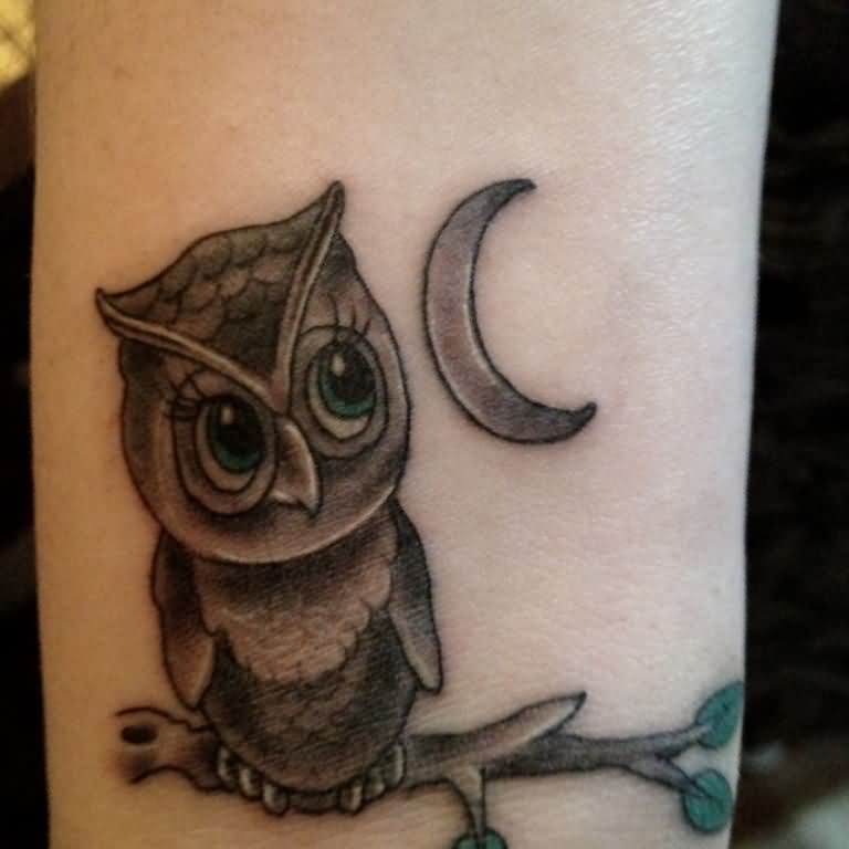 Black Ink Owl On Branch With Half Moon Tattoo Design For Wrist