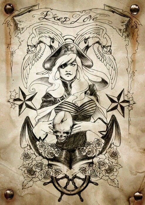 Black Ink Pirate Girl With Anchor And Ship Wheel Tattoo Design