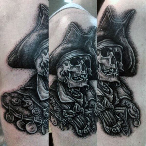Black Ink Pirate Skull Tattoo On Right Half Sleeve
