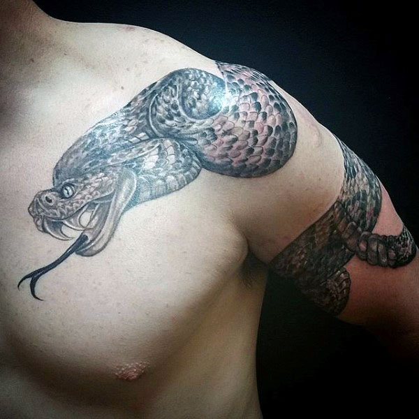 Black Ink Rattlesnake Tattoo On Man Left Front Shoulder