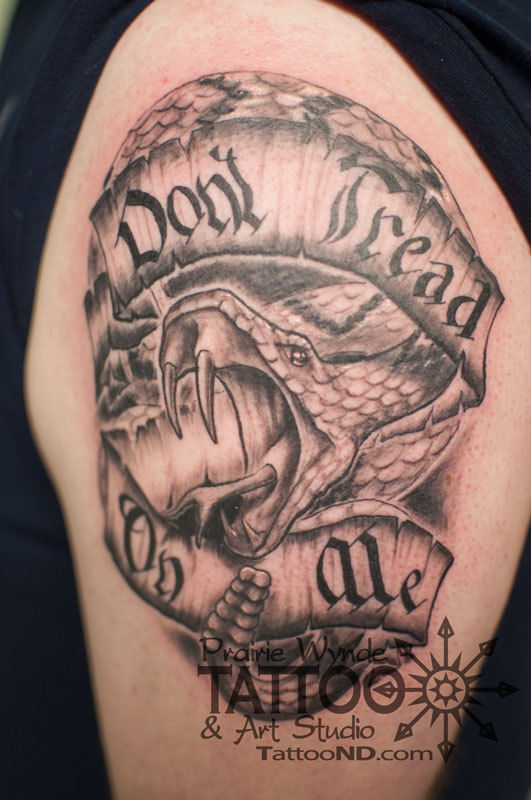 Black Ink Rattlesnake With Banner Tattoo On Shoulder By Prairie Wynde