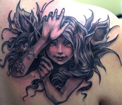 Black Ink Realistic Fairy Tattoo On Right Back Shoulder