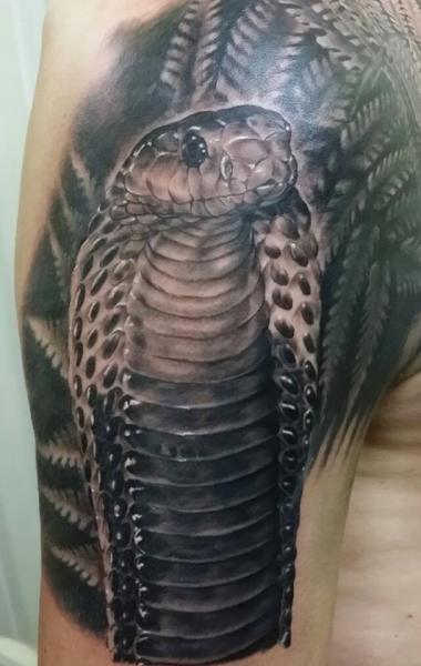 Black Ink Realistic Snake Head Tattoo Design For Sleeve