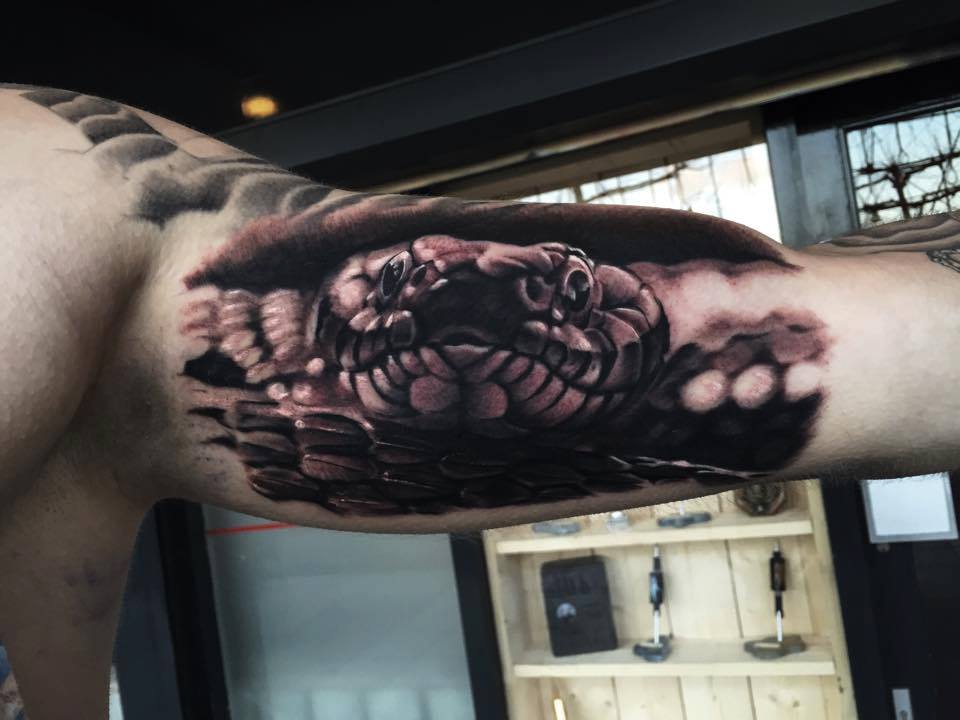 Black Ink Realistic Snake Head Tattoo On Left Bicep.