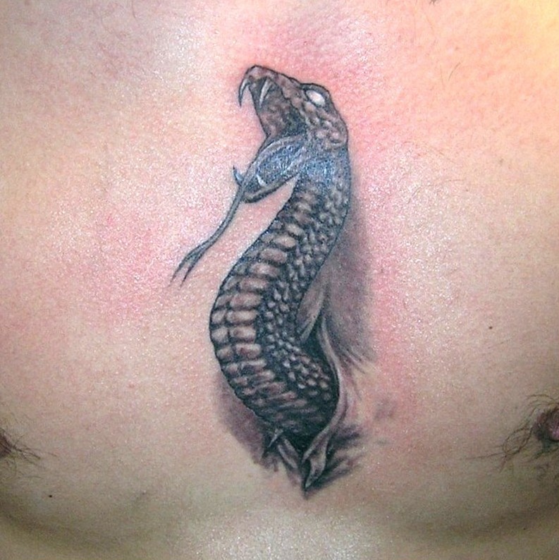 Black Ink Ripped Skin Snake Tattoo On Man Chest