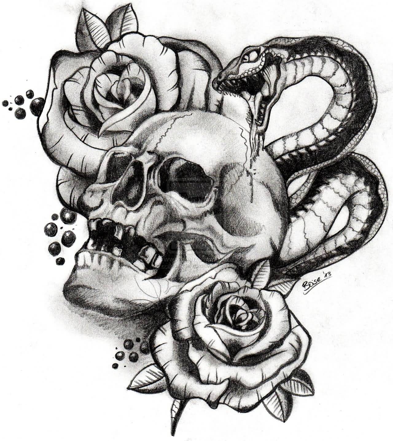 Black Ink Skull With Snake And Roses Tattoo Design
