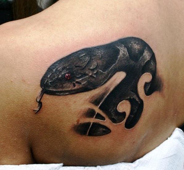 Black Ink Snake Head Tattoo On Left Back Shoulder