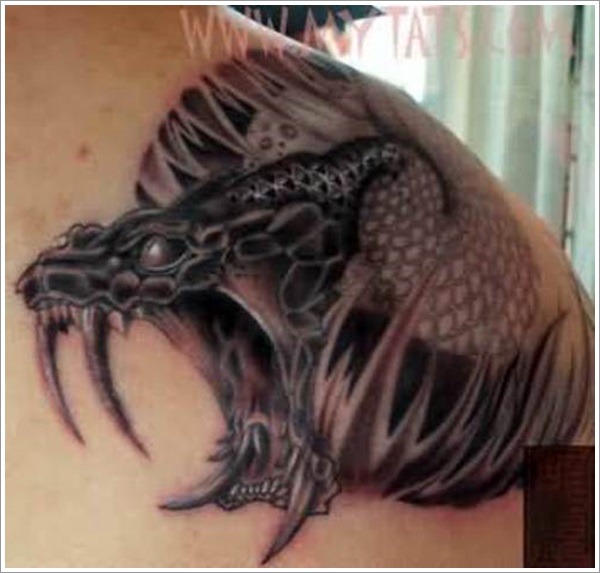 Black Ink Snake Head Tattoo On Right Back Shoulder