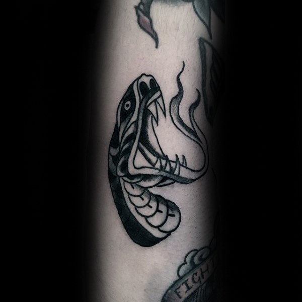 Black Ink Snake Head Tattoo On Sleeve