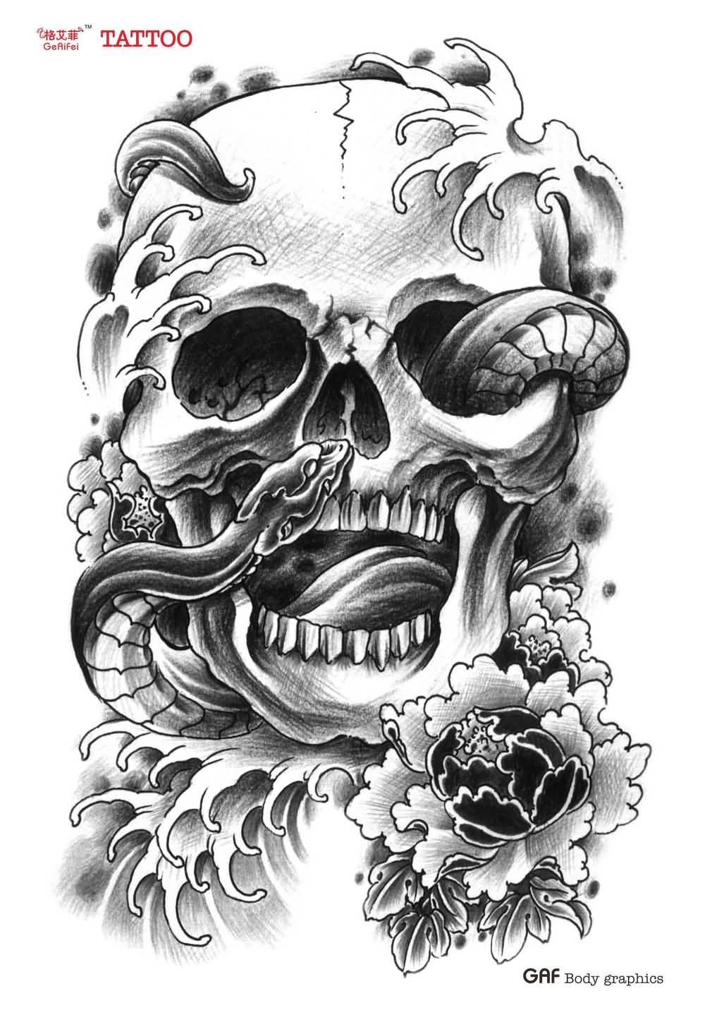 Black Ink Snake In Skull With Flower Tattoo Design