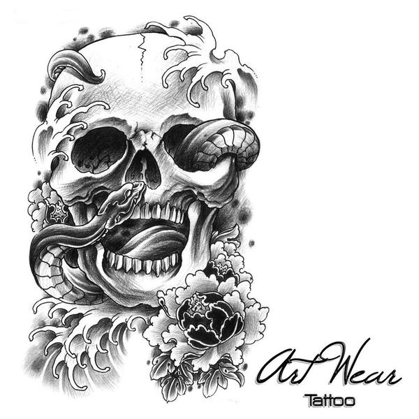 Black Ink Snake In Skull With Flowers Tattoo Design