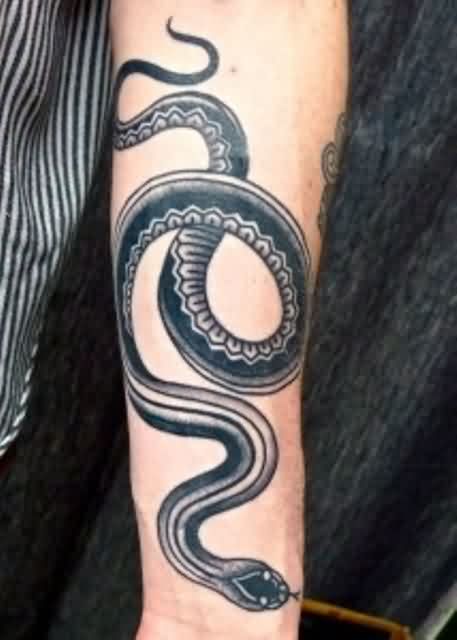 Black Ink Snake Tattoo Design For Forearm