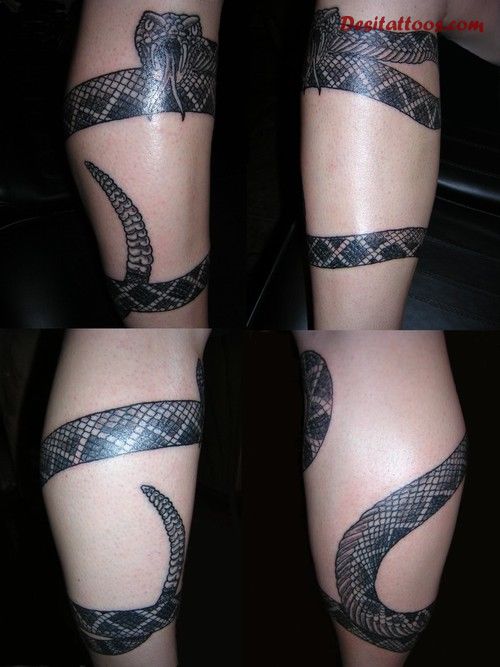Black Ink Snake Tattoo Design For Leg Calf.