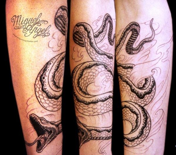 Black Ink Snake Tattoo On Arm By Miguel Angel