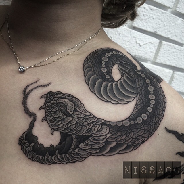Black Ink Snake Tattoo On Girl Left Front Shoulder By Nissaco Tatau