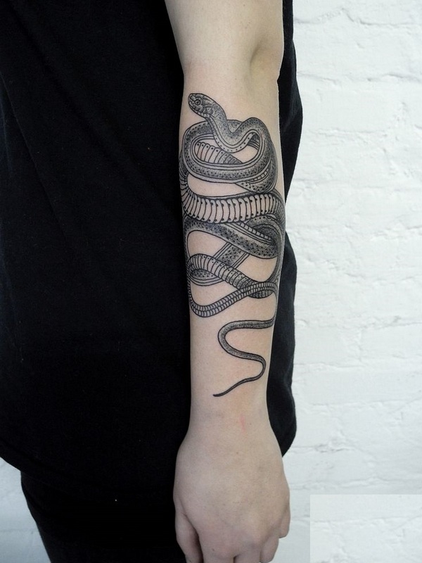 Black Ink Snake Tattoo On Left Arm