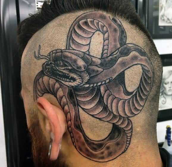 Black Ink Snake Tattoo On Man Head