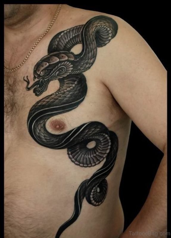 Black Ink Snake Tattoo On Man Left Front Shoulder
