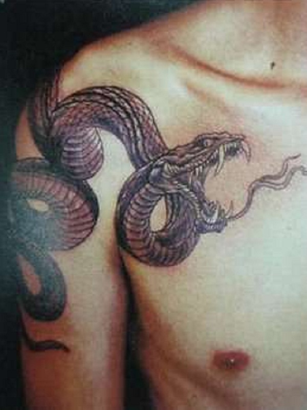 Black Ink Snake Tattoo On Man Right Front Shoulder