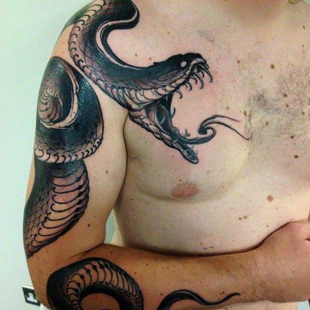 Black Ink Snake Tattoo On Man Right Full Sleeve