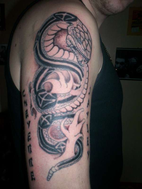 Black Ink Snake Tattoo On Man Right Half Sleeve