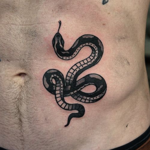 Black Ink Snake Tattoo On Stomach