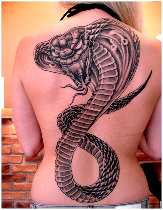 Black Ink Snake Tattoo On Women Full Back