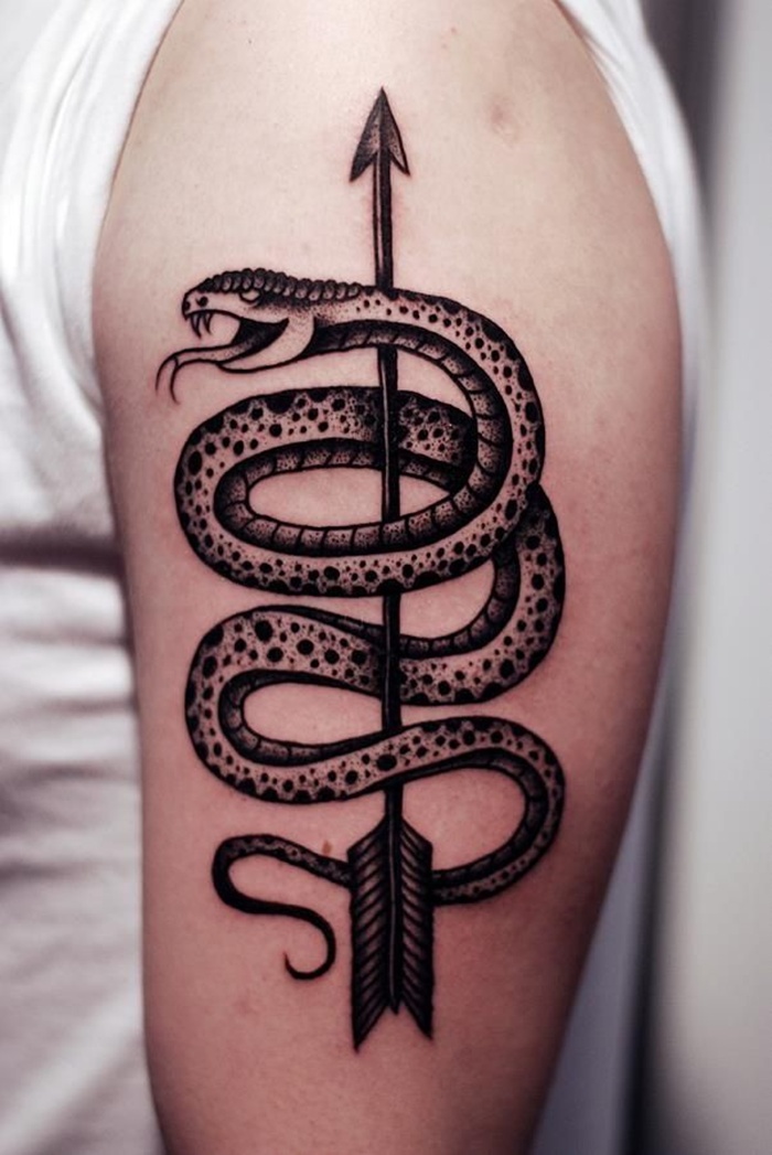 Black Ink Snake With Arrow Tattoo On Left Upper Arm