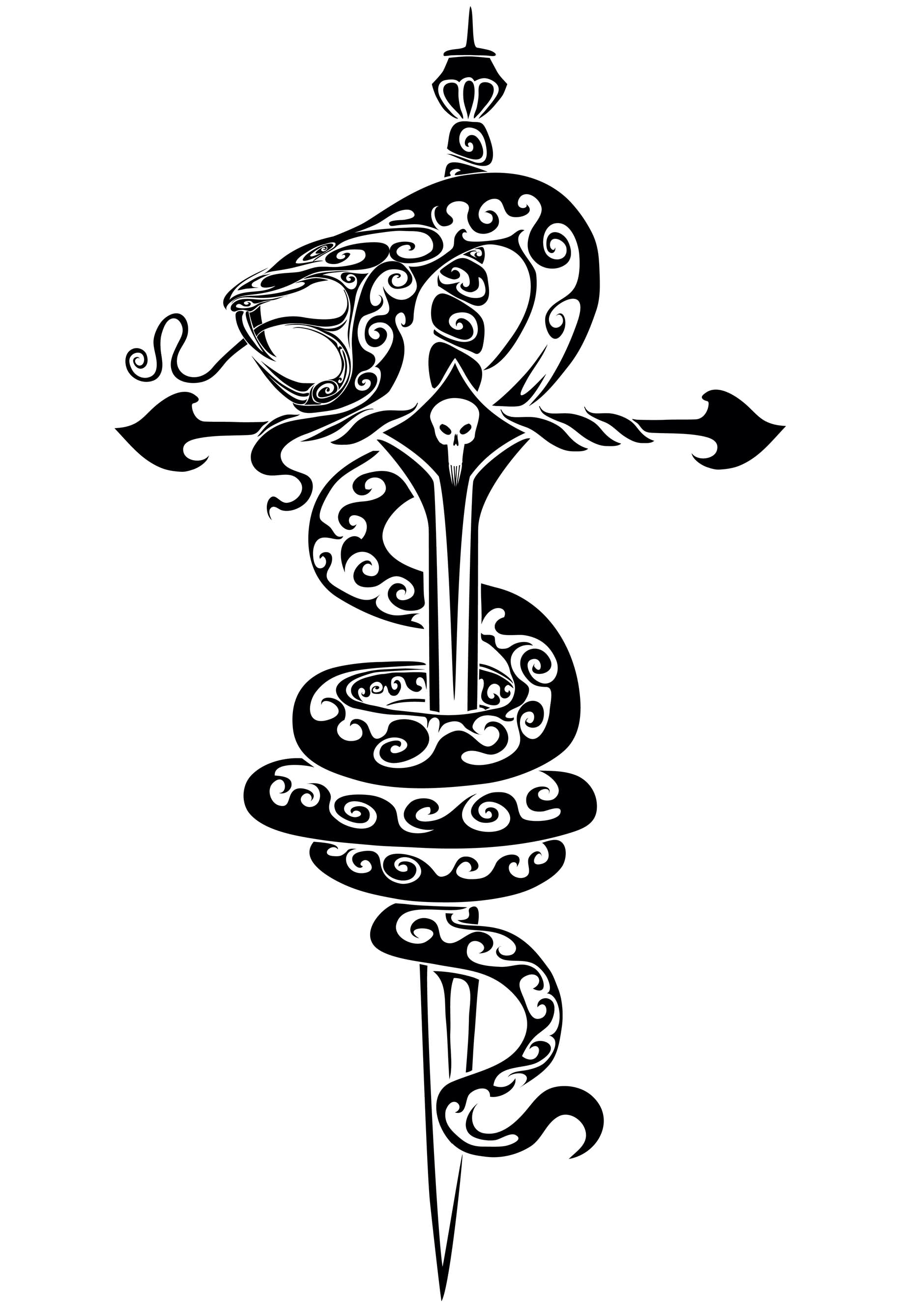 Black Ink Snake With Dagger Tattoo Stencil